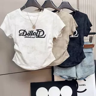 [Y D]🔥พร้อมส่ง🔥 เสื้อเด็กผู้หญิง เสื้อยืดแขนสั้น เสื้อครอปท็อป คอกลม เอวเข้ารูป พิมพ์ลายอักษร สไตล์เกาหลี #453
