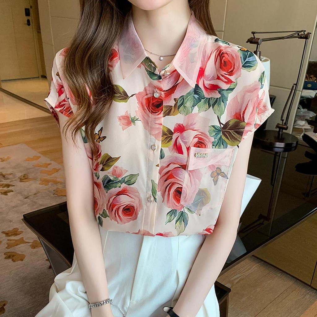 Red Berry เสื้อเชิ้ตวินเทจของผู้หญิง,เสื้อพิมพ์ลายแขนสั้นผ้าชีฟองทรงหลวมแฟชั่นสไตล์เกาหลีฤดูร้อน W226