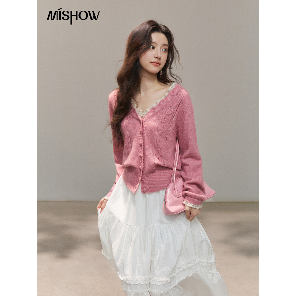 เสื้อสเวตเตอร์ผู้หญิง แบบ V คอดียว ลายลูกไม้ สไตล์เรียบหรู สีชมพู MISHOW MXF11Z2908