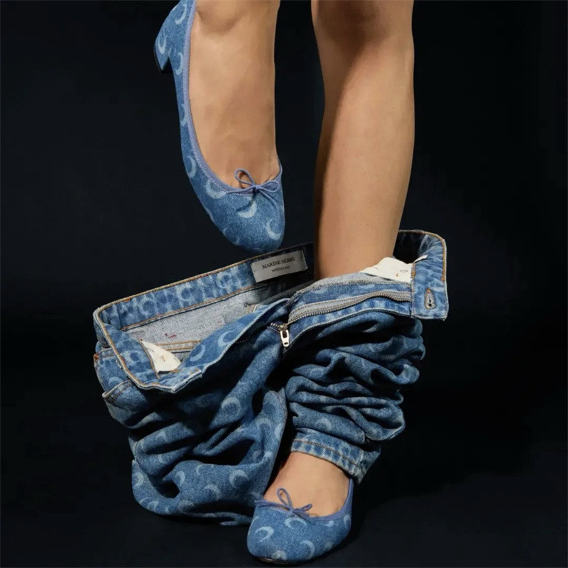 DJ8I CH*Xiaoxiangjia 2025New denim moon shoes, co-branded ballet shoes, mid-heel spring style, chunk