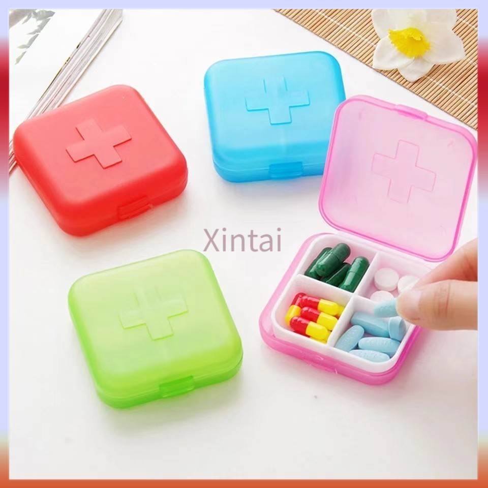 Xintai กล่องใส่ยา กล่องสีสันลูกกวาด 4 ช่อง กล่องยาแบบพกพา กล่องเก็บยา