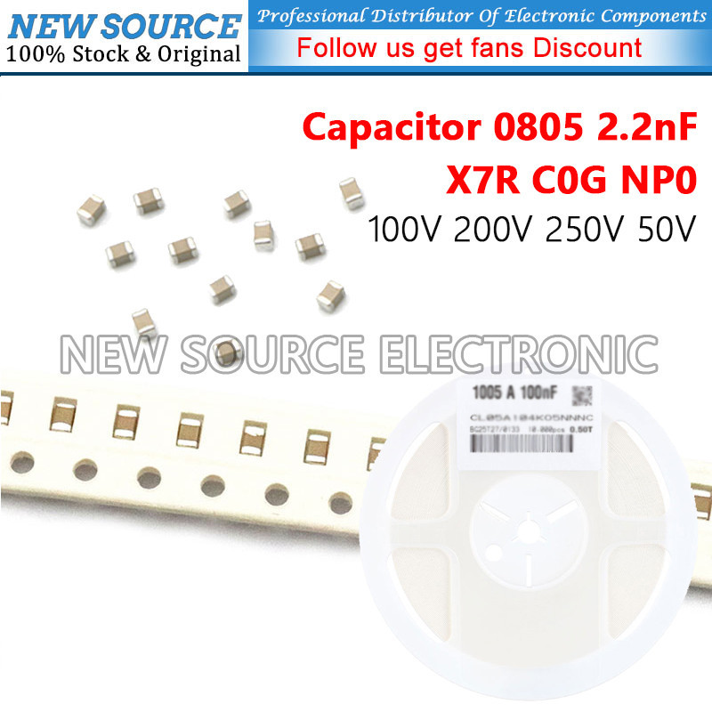 [20 ชิ้น] 08805 2.2nF ±10% ±5% 100V 200V 250V 50V X7R C0G NP0 SMD ชิป Multilayer ตัวเก็บประจุเซรามิก