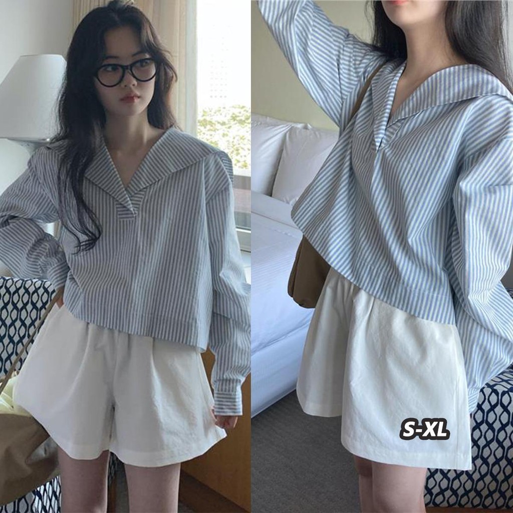 👚Anna_fashion👚 เสื้อทรงเลดี้ผู้หญิง เสื้อเชิ้ตครอปแขนยาวลายทาง เสื้อเชิ้ตคอปกสีกรมท่าทรงหลวม W519