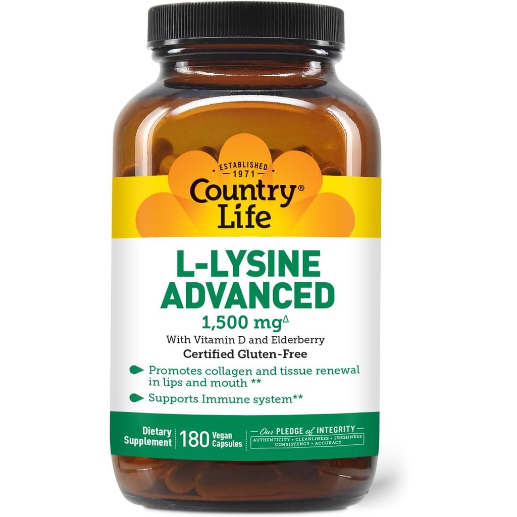 Country Life L-Lysine 1500 มก. แคปซูลพร้อมวิตามินดีและเอลเดอร์เบอร์รี่ – รองรับภูมิคุ้มกันขั้นสูงและ