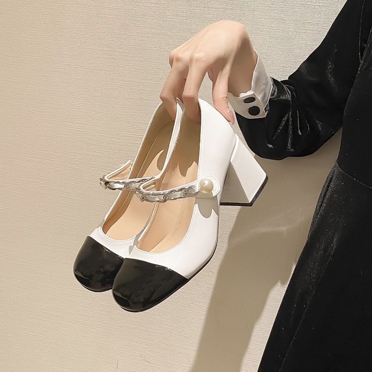 小香风鞋法式玛丽珍鞋仙女小皮鞋方头复古粗跟单鞋千金高跟鞋Chanel Style Shoes French Mary Jane Shoes Fairy Leather Shoestevkykw123t