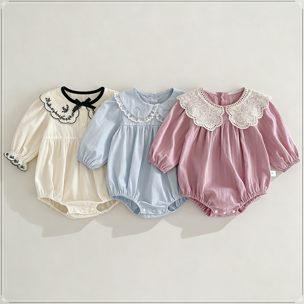 ชุดเด็กทารกสไตล์ฝรั่งเศส 3 แบบ - ชุดบอดี้สูทลูกไม้ คอปก 3 สี สำหรับ 0-1 ปี ทารกแรกเกิด 100 วัน งานวันเกิด