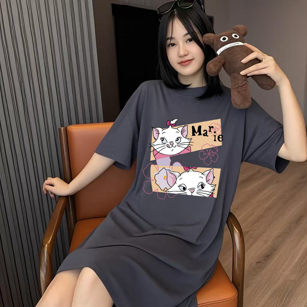 ชุดนอนแขนสั้นผู้หญิงขนาดใหญ่ Homewear การ์ตูน Mary Cat ความยาวปานกลางชุดนอนชิ้นเดียวคอกลม oversize ชุดนอนสตรีชิ้นเดียว