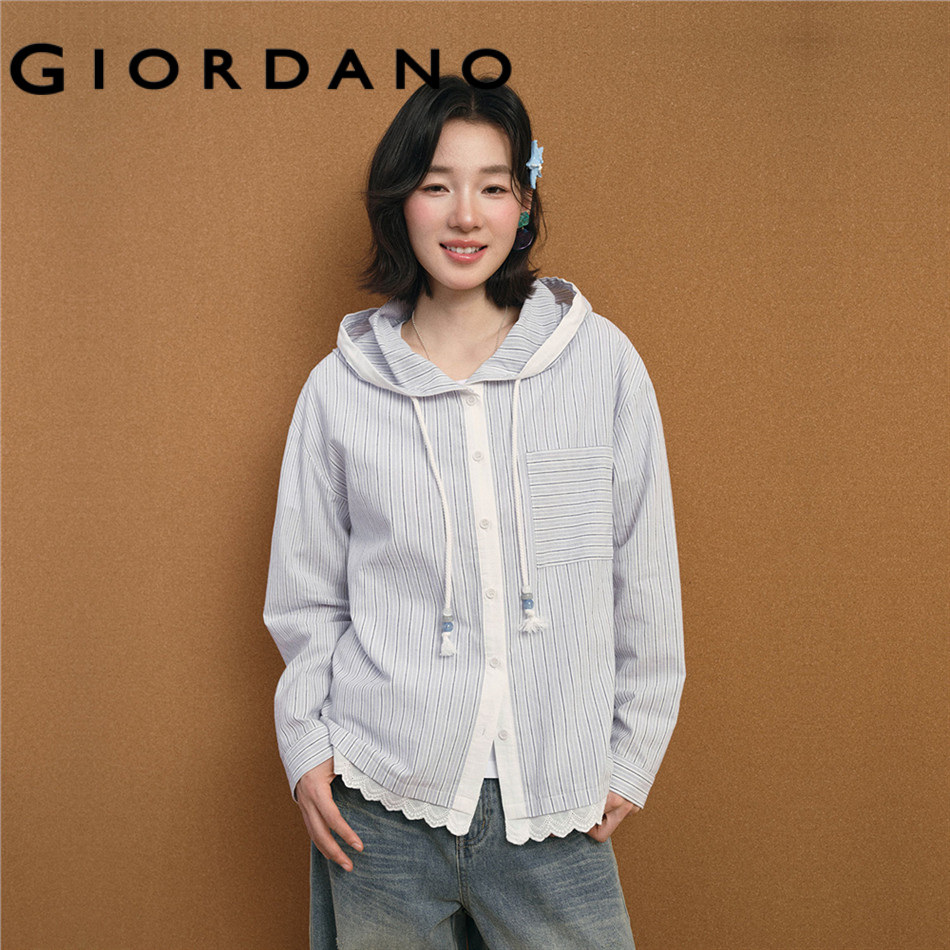 GIORDANO WOMEN Lace hem stripe long sleeve hooded shirt 18346802