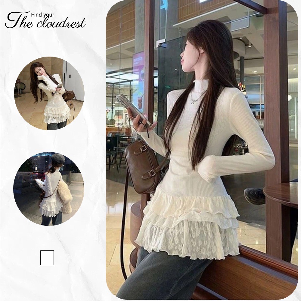 เสื้อยืดแขนยาวคอปกสูง สไตล์ฤดูใบไม้ผลิและฤดูใบไม้ร่วงใหม่ เสื้อสวมหัวแฟชั่นลายลูกไม้