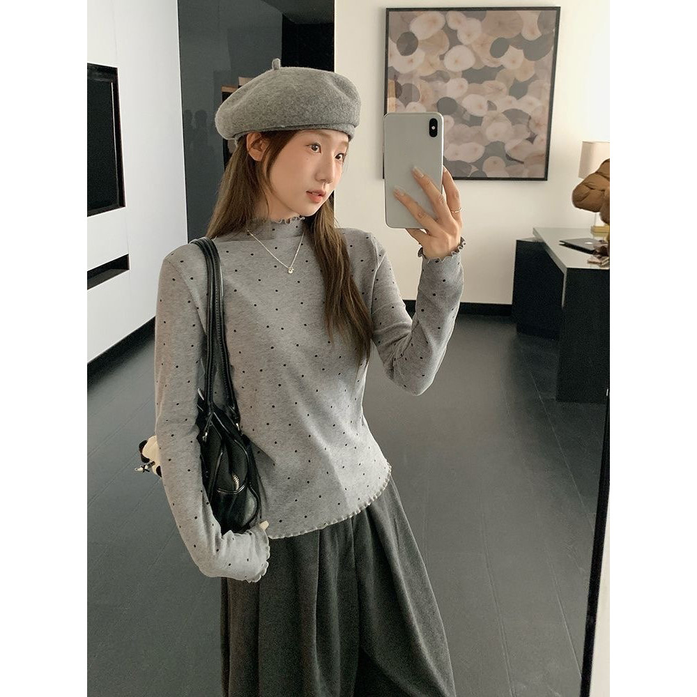 Vogue พร้อมส่ง  เสื้อยืดแขนยาว คอเต่าเล็ก ดีเทลลายจุด สีขาวเทา ใสาสบาย (FY7874) ราคา ถูกที่สุด ดีลบีเคเค แกลเลอรีภาพที่ 8