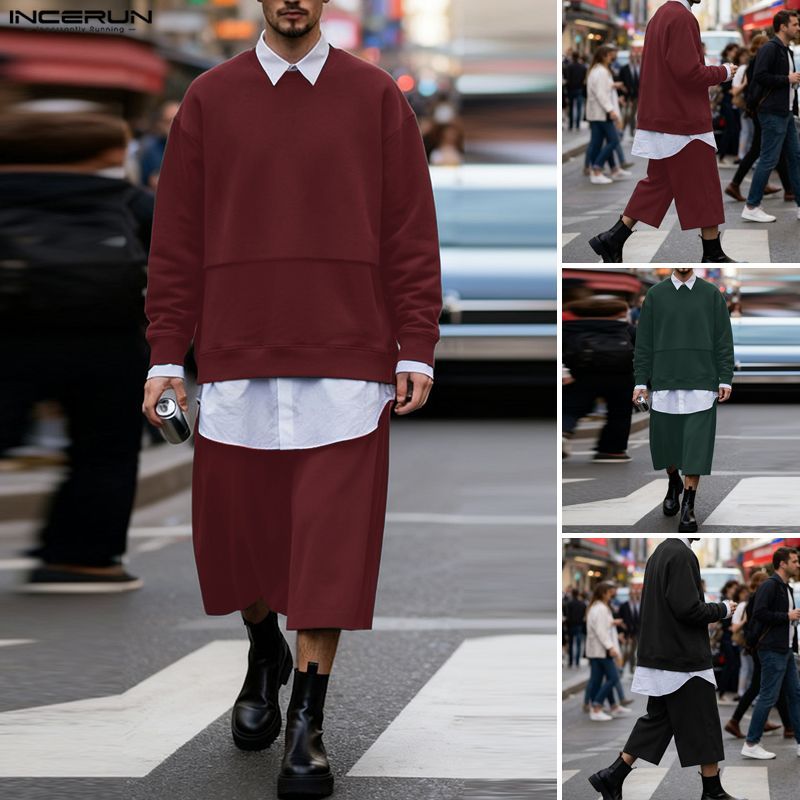 ชุดสองชิ้นสไตล์วินเทจ แขนยาวหลวมและกางเกงขาสั้นสำหรับผู้ชาย - รูปที่ 2