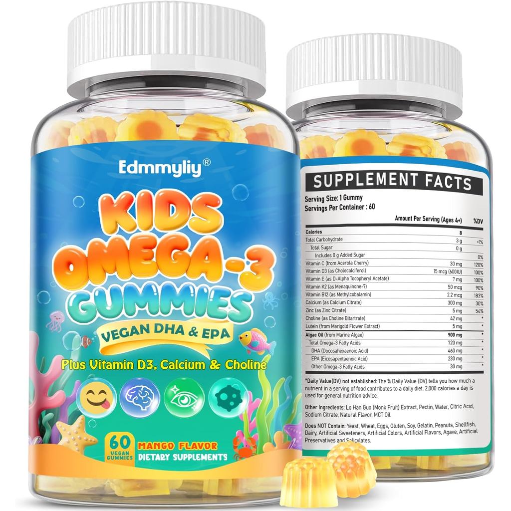 Kids Omega 3 Gummies - Algae Omega3 with Choline, Lutein, Vitamin D3 B12, Calcium, Zinc for Kids Bra