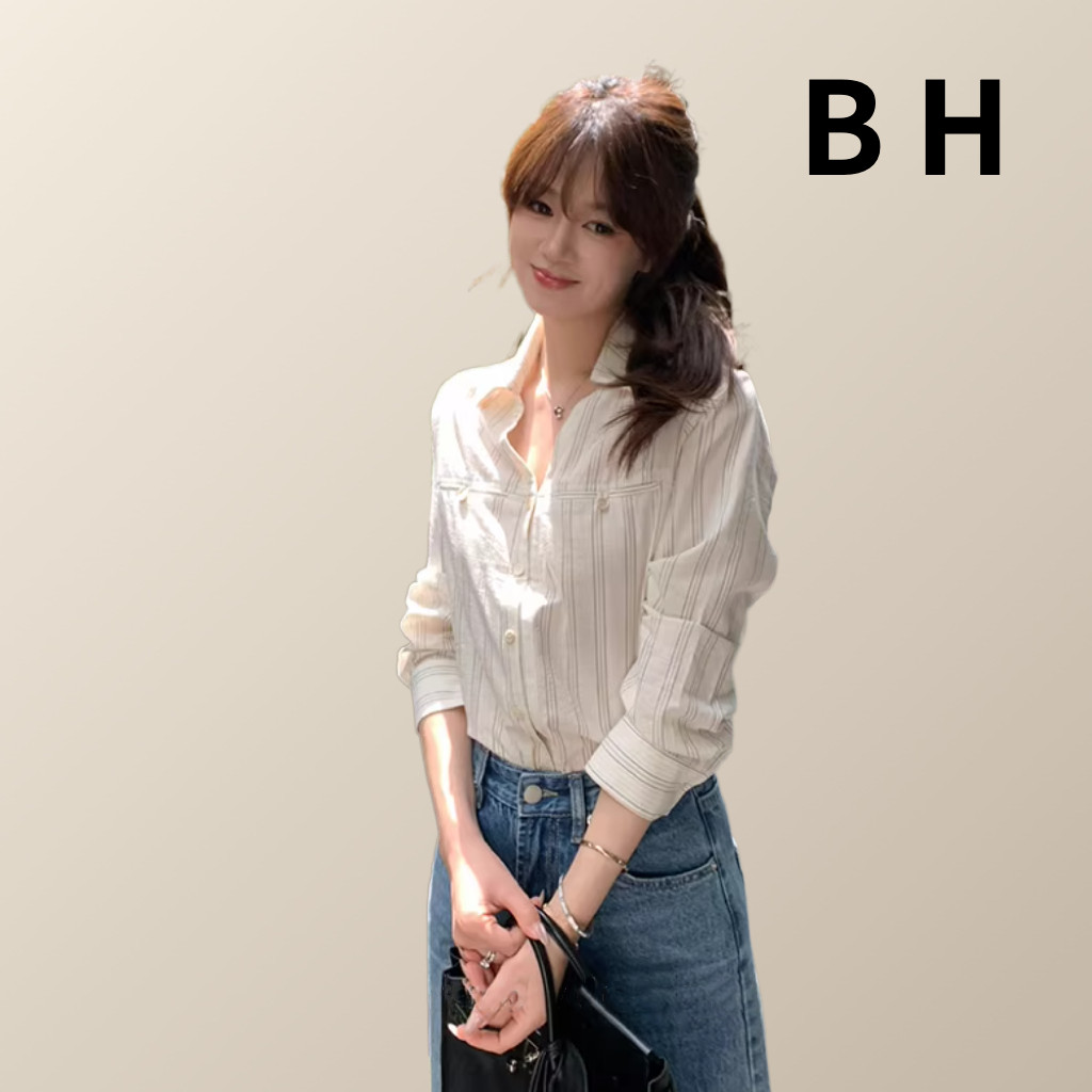 เสื้อเชิ้ตแขนยาวลายทางแบบคอกอลำลอง สไตล์แฟชั่นสตรี