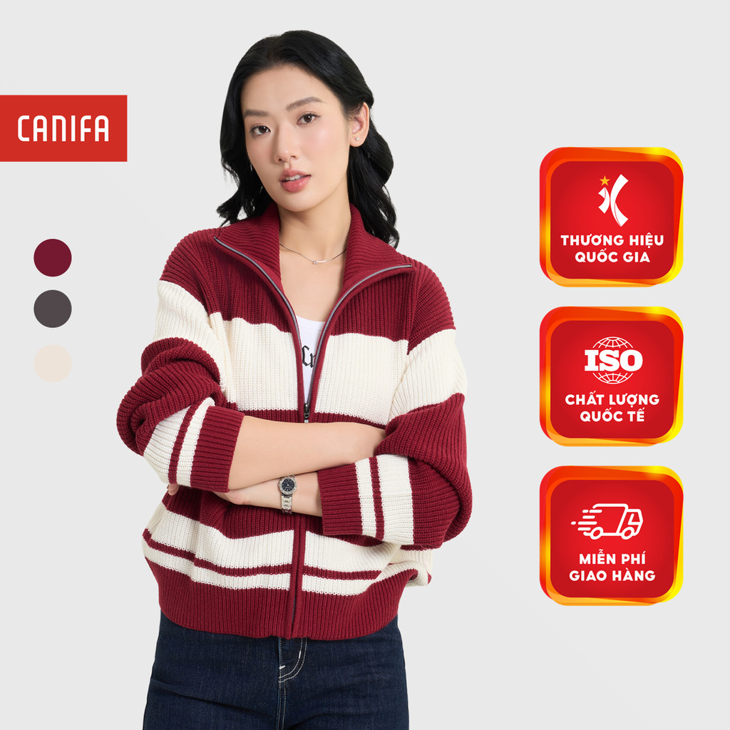 CANIFA เสื้อคลุมไหมพรมผู้หญิงแขนยาวและคอปกเปิดลง 6OT25C003