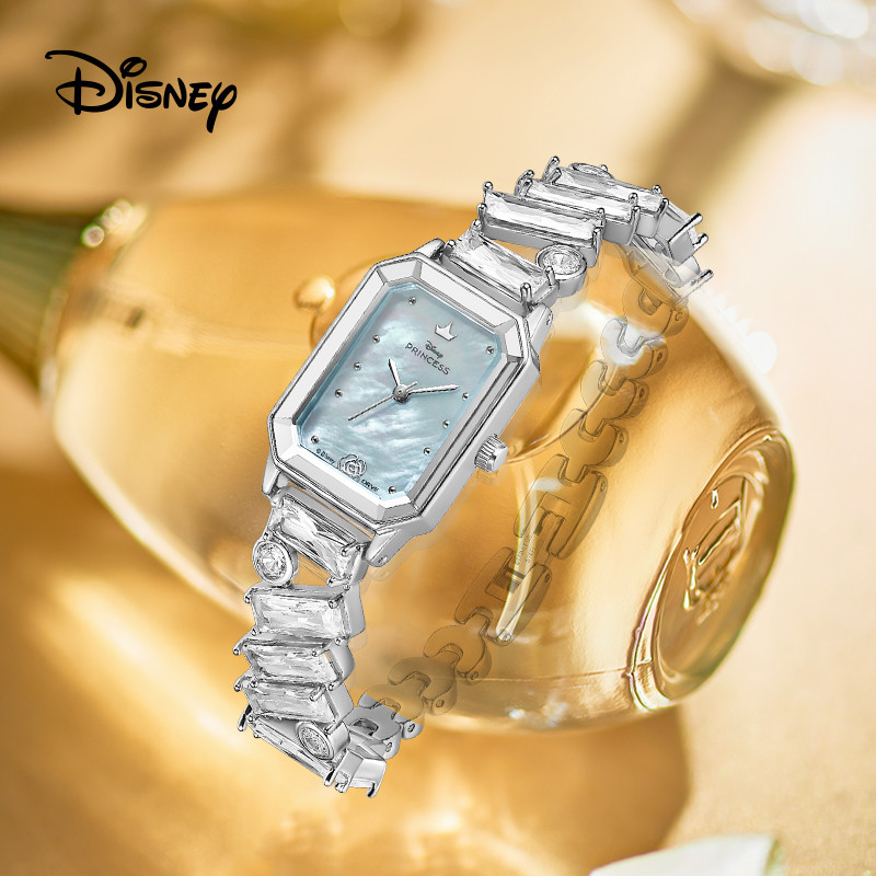 Disney Disney Princess Series ควอตซ์แท้สี่เหลี่ยมเล็กนาฬิกาสร้อยข้อมือเครื่องประดับสายคล้องคอ Mother-of-Pearl Dial Stitching Chain 30 เมตรกันน้ําประณีตนาฬิกาผู้หญิง