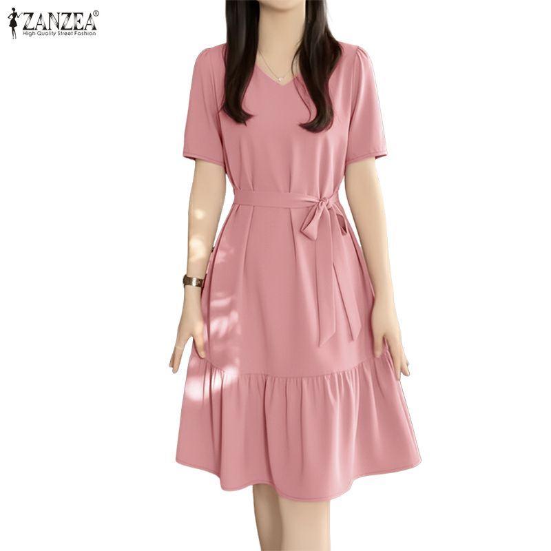 Zanzea กระโปรง.Layer แขนสั้นสไตล์เกาหลี คอวี ตกแต่งขอบซ้ายขวา