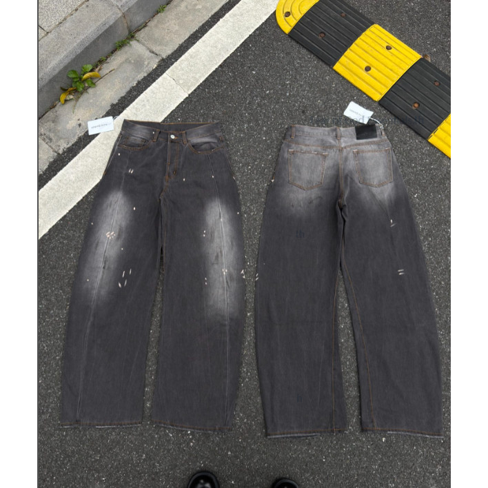 Unisex Style Splash Ink Retro Loose Dirty Dirty Denim Wide-Leg Macete Pants