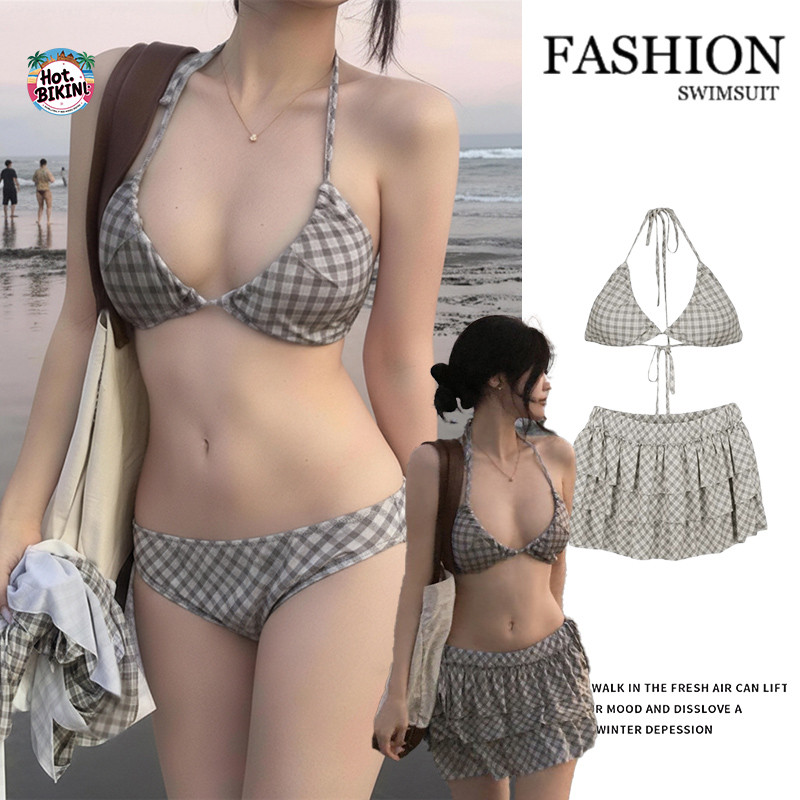 🩷Hot.Bikini🩷บิกินี่เซ็กซี่+กระโปรงสั้น ชุด 3 ชิ้น ชุดว่ายน้ำแบบเว้าหลัง สไตล์คอ สายรัดด้านข้าง ย้อนยุค