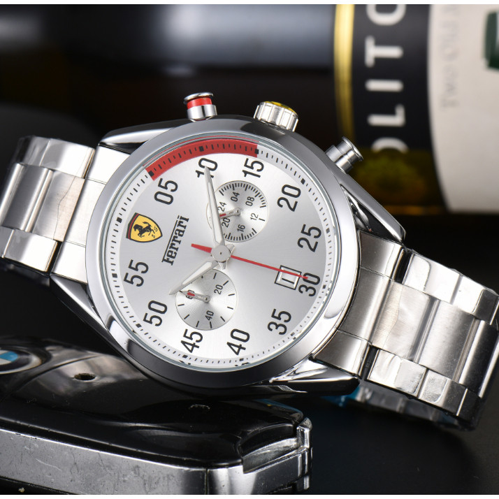 นาฬิกาผู้ชาย Ferrari ใหม่ สายเหล็กโครโนกราฟแบบมัลติฟังก์ชั่นเต็มรูปแบบ