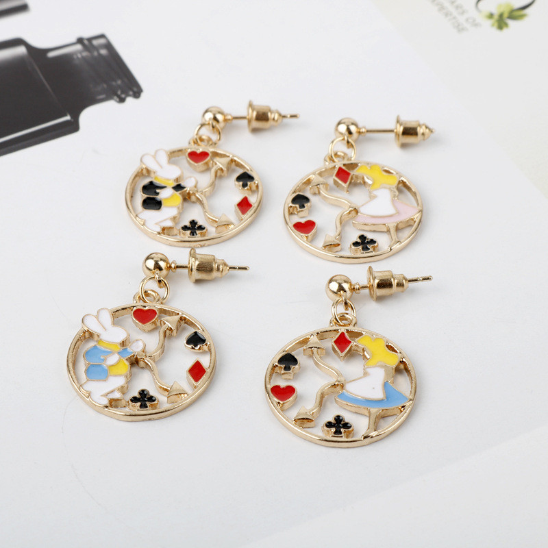 Spot Goods#Japanese Style Alice in Wonderland Mr. Rabbit Playing Cards Asymmetric Earrings Ear Studs