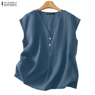 ZANZEA เสื้อลายอเนกประสงค์สำหรับผู้หญิง ออกแบบสไตล์เกาหลี แขนสั้น มีกระดุม V-neck ทำจากผ้าฝ้ายและลินิน เหมาะสำหรับวันหยุดและสวมใส่ในช่วงฤดูร้อน