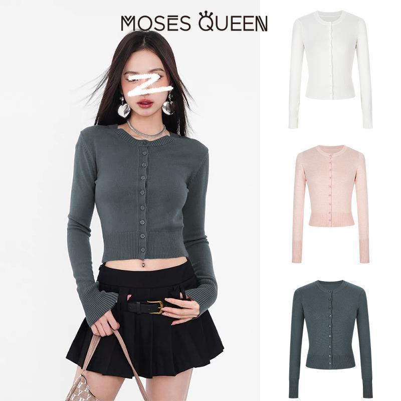 โมเสส ราชินี เสื้อคาร์ดิแกนถักคอกลมสีทึบสําหรับผู้หญิงกระดุมแถวเดียวบางและบางทุกวันสดและหลากสีการเลือก #59260