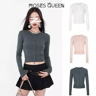 < MOSESQUEEN > โมเสส ราชินี เสื้อคาร์ดิแกนถักคอกลมสีทึบสําหรับผู้หญิงกระดุมแถวเดียวบางและบางทุกวันสดและหลากสีการเลือก #59260