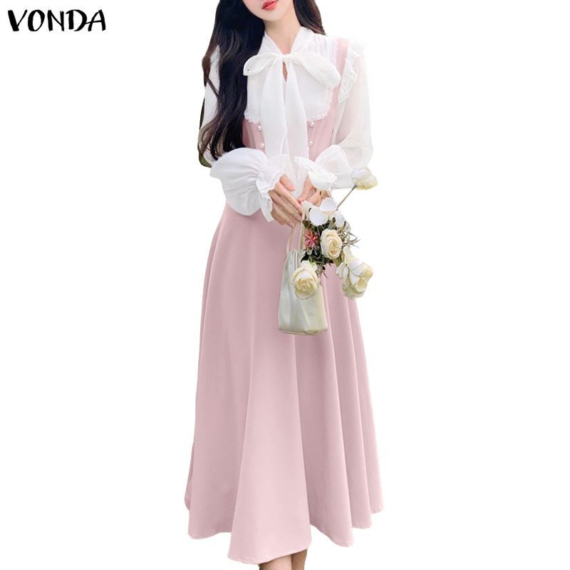 VONDA ชุดชิ้นเดียวสไตล์เกาหลี อารมณ์ Bowknot และไข่มุก สำหรับผู้หญิง