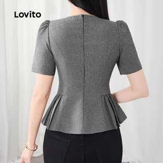 Lovito สง่างาม เสื้อเชิ้ตสีเทาเข้มหัวเข็มขัดโลหะหรูหรา เสื้อเชิ้ตฤดูใบไม้ผลิ/ฤดูร้อนสำหรับผู้หญิง L154ED525