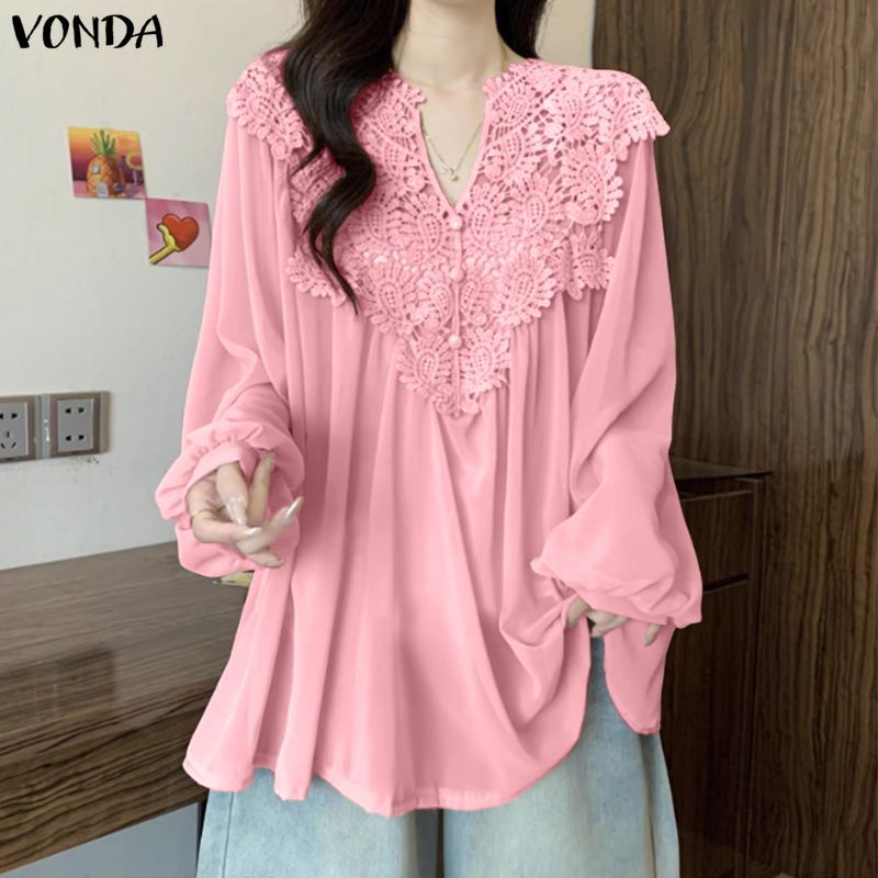 VONDA เสื้อลาย_patchwork_แขนลูกไม้ สไตล์เกาหลีอ่อนโยน สำหรับผู้หญิง — صورة 5