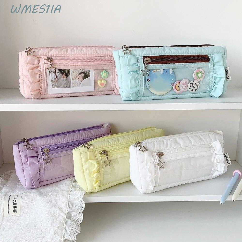 WMES1IA กระเป๋าเครื่องเขียนเร้าใจเกาหลี, Desktop Storage Star Zipper Ruffled Pencil Case, จีบปากกากระเป๋าขนาดใหญ่ความจุ Ruffled Edge PVC Display กระเป๋าดินสอโรงเรียน