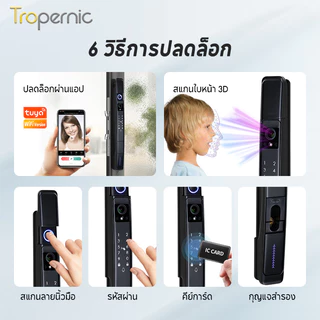 [การจดจำใบหน้า] Tropernic A216 ล ็ อคประตูอัจฉริยะ Tuya พร ้ อมกล ้ องรักษาความปลอดภัยปลดล ็ อินเตอร์คอมสองทาง อคประตูบานเลื ่ อนล ็ อคประตูดิจิตอลอัตโนมัติพร ้ อมออดปลดล ็ อครหัสผ ่ านลายนิ ้ วมือ
