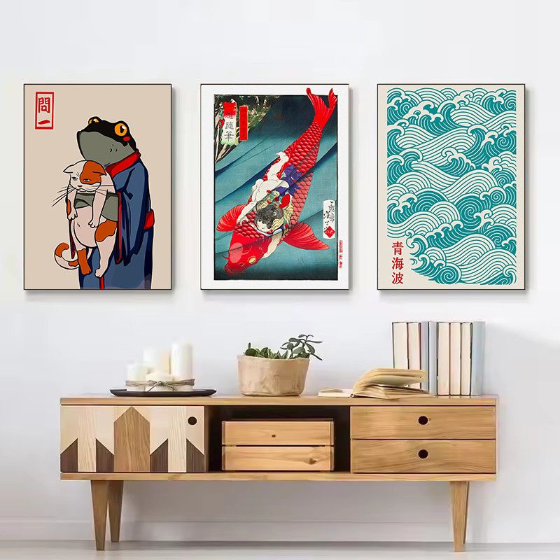 ย้อนยุคบทคัดย่อวัฒนธรรมญี่ปุ่นแมวดําราเมนก้อยปลาโปสเตอร์ผ้าใบจิตรกรรมภาพผนังศิลปะภาพ