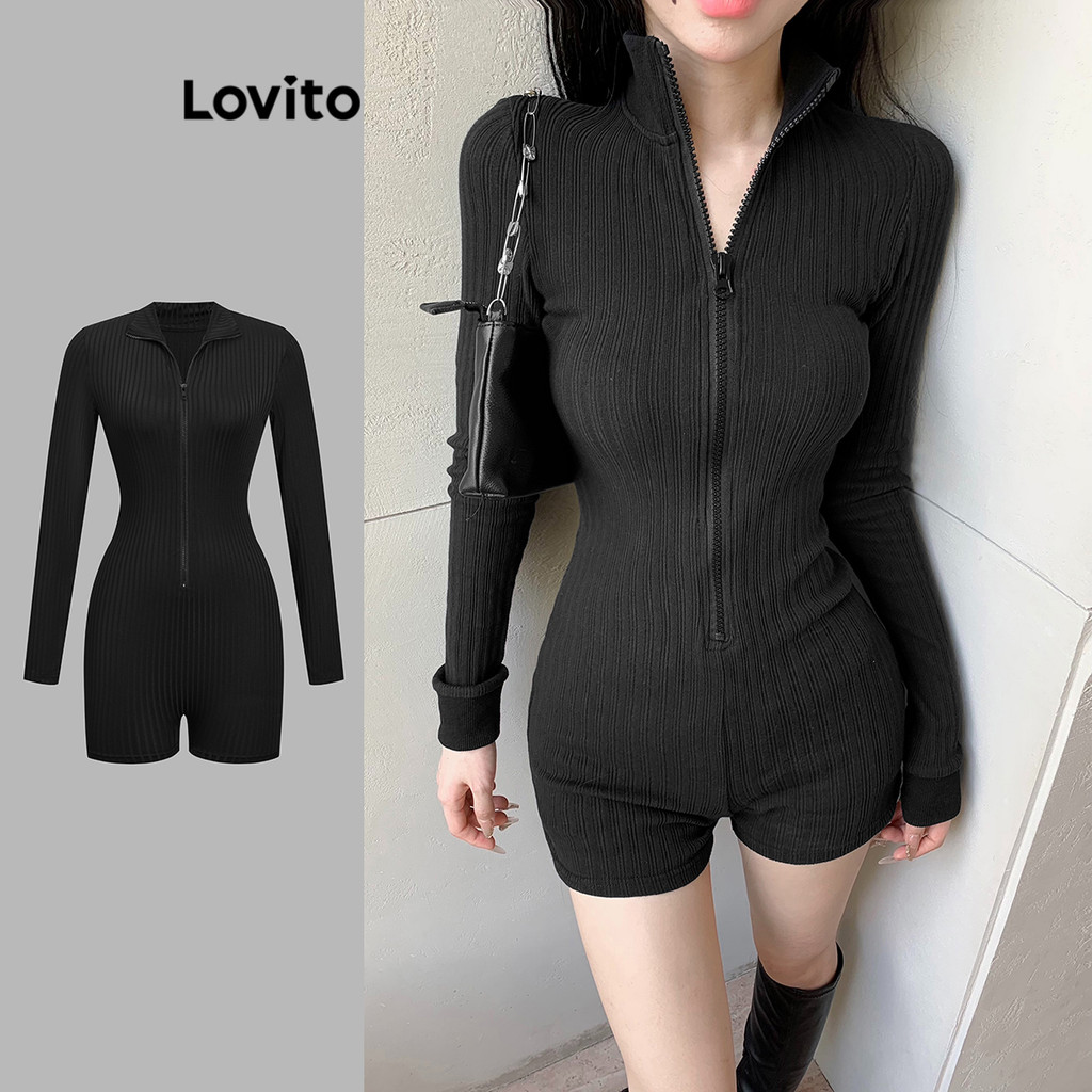 Lovito จั๊มสูทผู้หญิง มีซิป สีพื้น สไตล์ลำลอง L102AD362