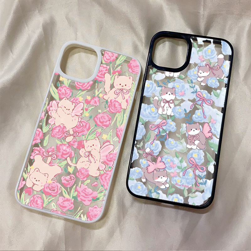 เคสอะคริลิคใสแข็งลายแมวผูกโบว์ดอกไม้น่ารัก สำหรับ iPhone 11 12 13 14 15 16 Pro Max iPhone 13 iPhone 15 Pro Max ดีไซน์สวย – โปรปัง