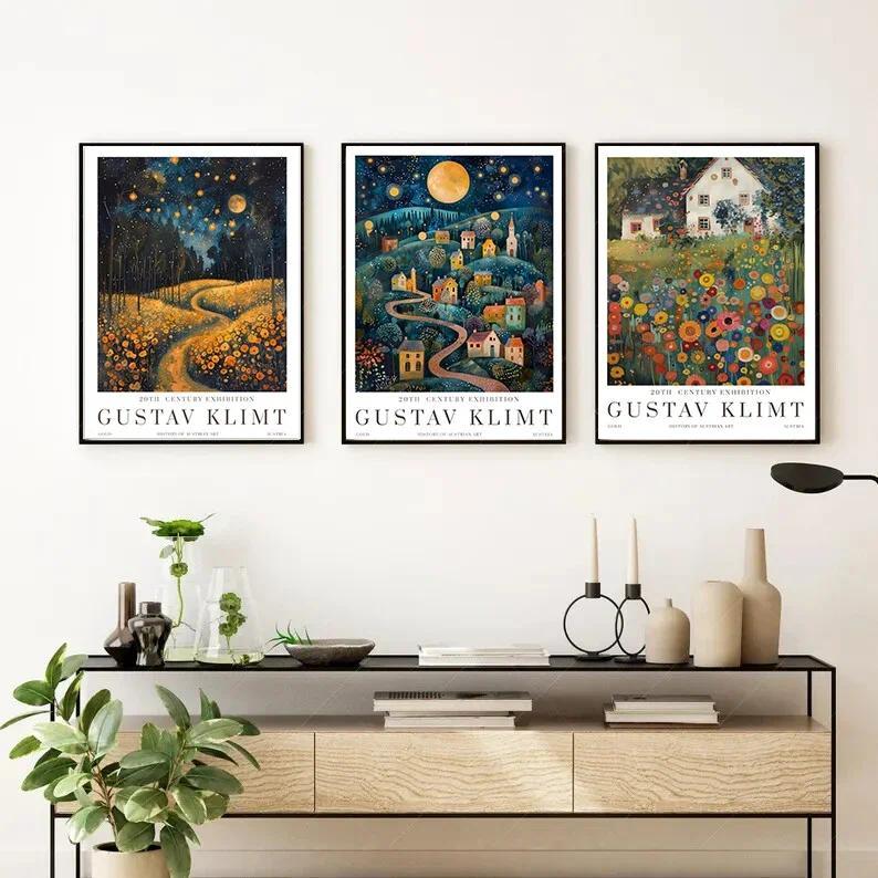 Vintage Gustav Klimt ดอกไม้สวนพิมพ์ Fox Moon และ Village Klimt Museum โปสเตอร์สําหรับห้องนั่งเล่นห้อ