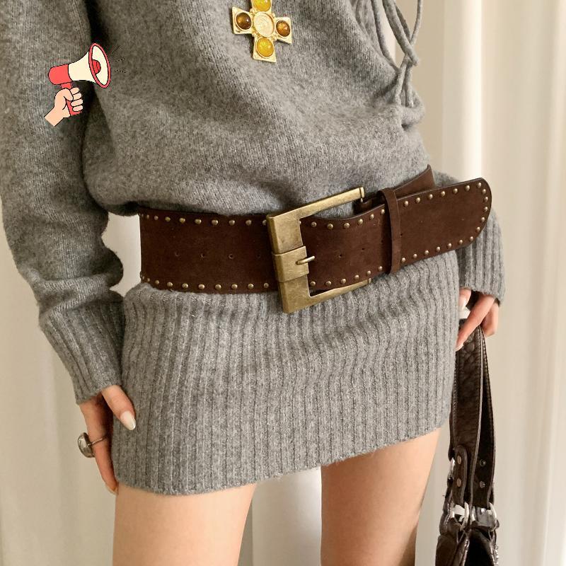 [MZ] Retro Suede Rivet เข็มขัด Punk Gothic Western Cowgirl กว้าง Cummerbunds เข็มขัด Y2K เข็มขัดไม่ส