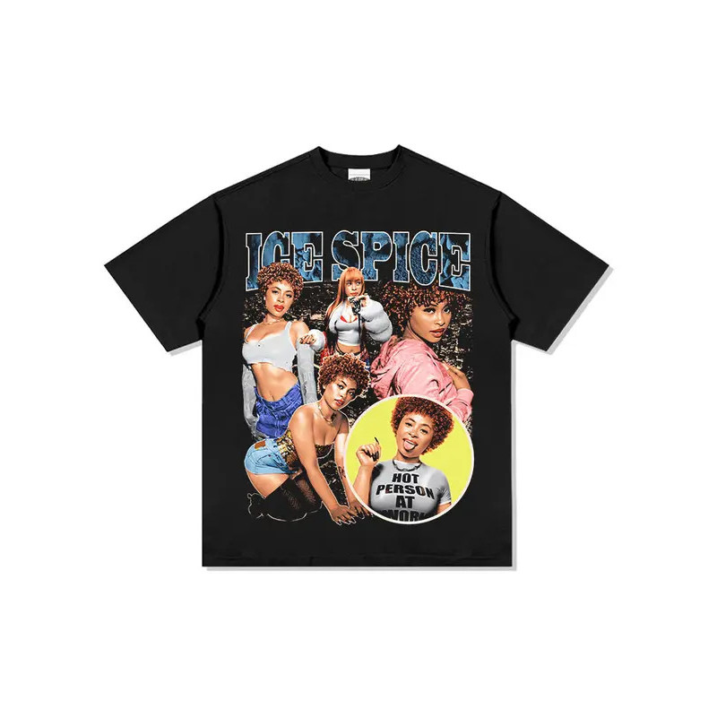 เสื้อเชิ้ตแขนสั้นพิมพ์ลายเรโทรสไตล์ฮิปฮอปแร็พอเมริกันของ Ice Spice Spencers ปี 2026 - สวมใส่สบาย ระบ