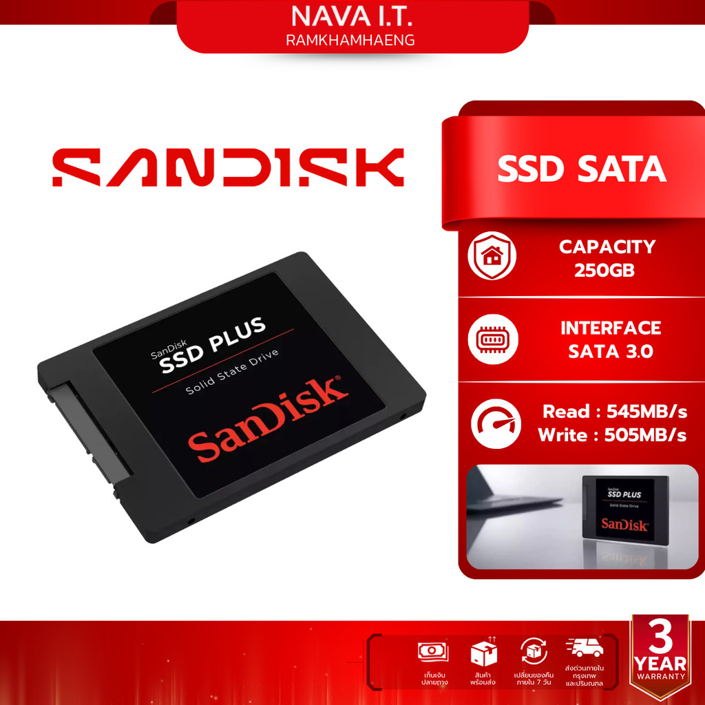(มีส่งด่วน) SANDISK SSD SATA PLUS 250GB SATA III (SDSSDA-250G-G28) ประกันศูนย์ไทย 3 ปี