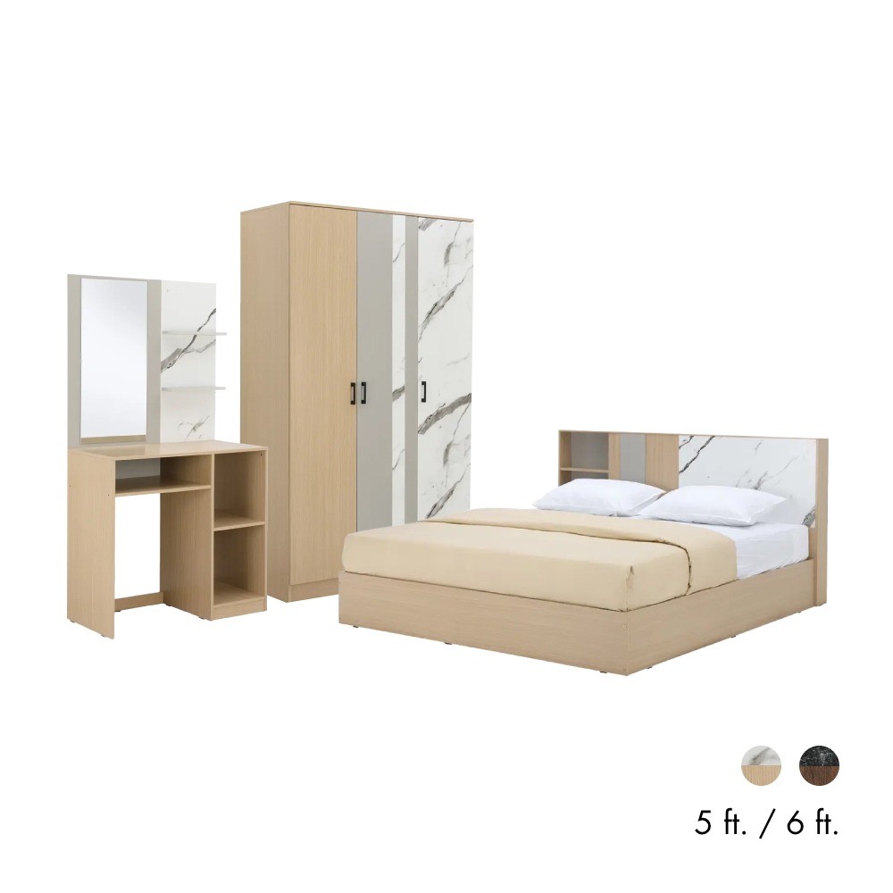 HomeHuk ชุดห้องนอน รุ่นแมกโนเลีย (เตียง, ตู้เสื้อผ้า 3 บาน, โต๊ะเครื่องแป้ง)