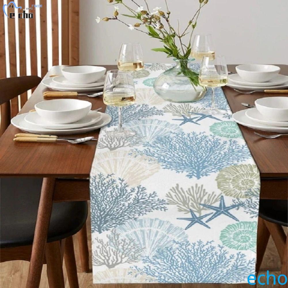 PIVOT Ocean Table Runner, Shell ปลาดาวรูปแบบตาราง,หลายขนาดสี่เหลี่ยมผ้าลินินผ้าปูโต๊ะตกแต่งโต๊ะ