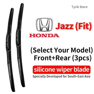 (ด้านหน้า+ด้านหลัง 3 ชิ้น) Honda JAZZ/FIT wiper blade ชุดใบปัดน้ำฝน สำหรับปี 2000-2022 Jass GD GE GF GK GH GP Hatchback แบบซิลิโคน ใบปัดน้ำฝนแบบโค้ง (banana type) กระจกหลังและกระจกหน้ารถ