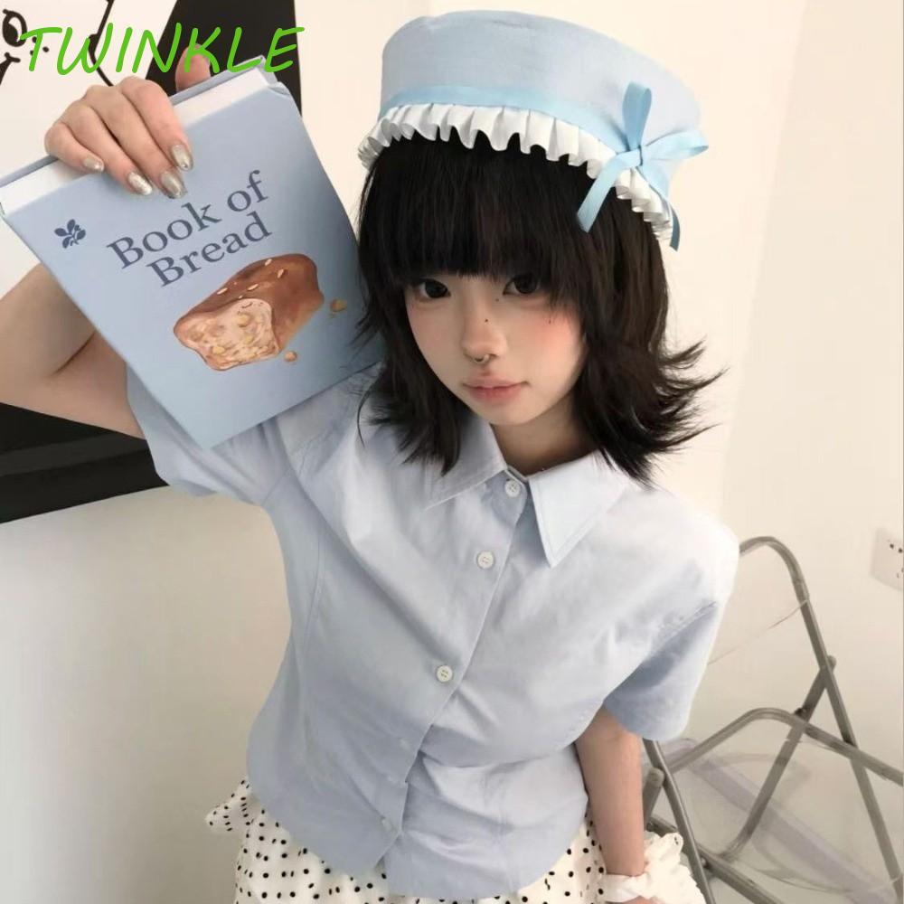 TWINKLE1 หมวกเบเร่ห์โบว์, หมวก sailor พับขอบทรงโดม, หมวกสไตล์เกาหลีลายจุดสีน้ำเงินสำหรับสาวๆ