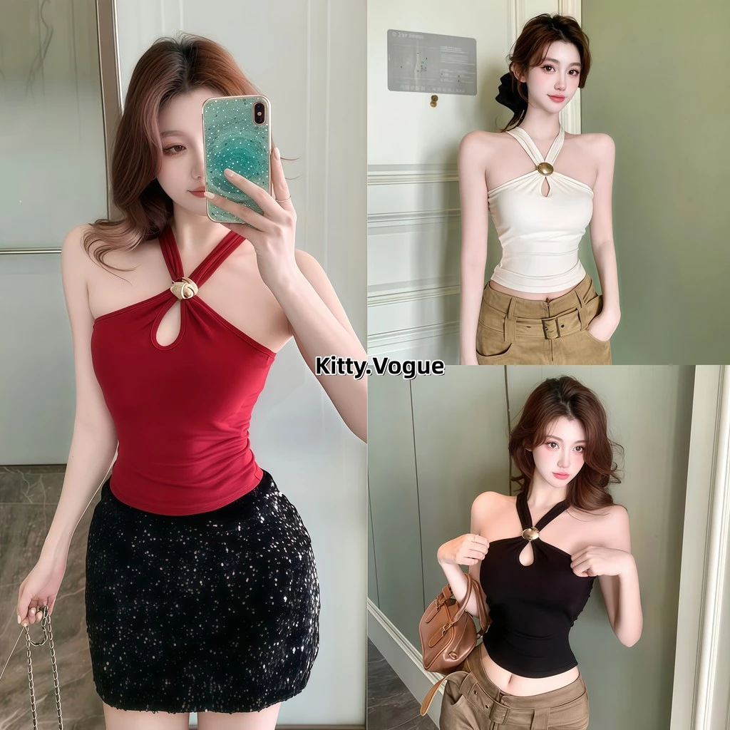 Kitty.Vogue เสื้อสายเดี่ยวคล้องคอสำหรับผู้หญิง สั้นเรียบง่าย กระชับสุดเซ็กซี่ สไตล์เกาหลี เหมาะกับฤดูร้อน FY2902#1-0