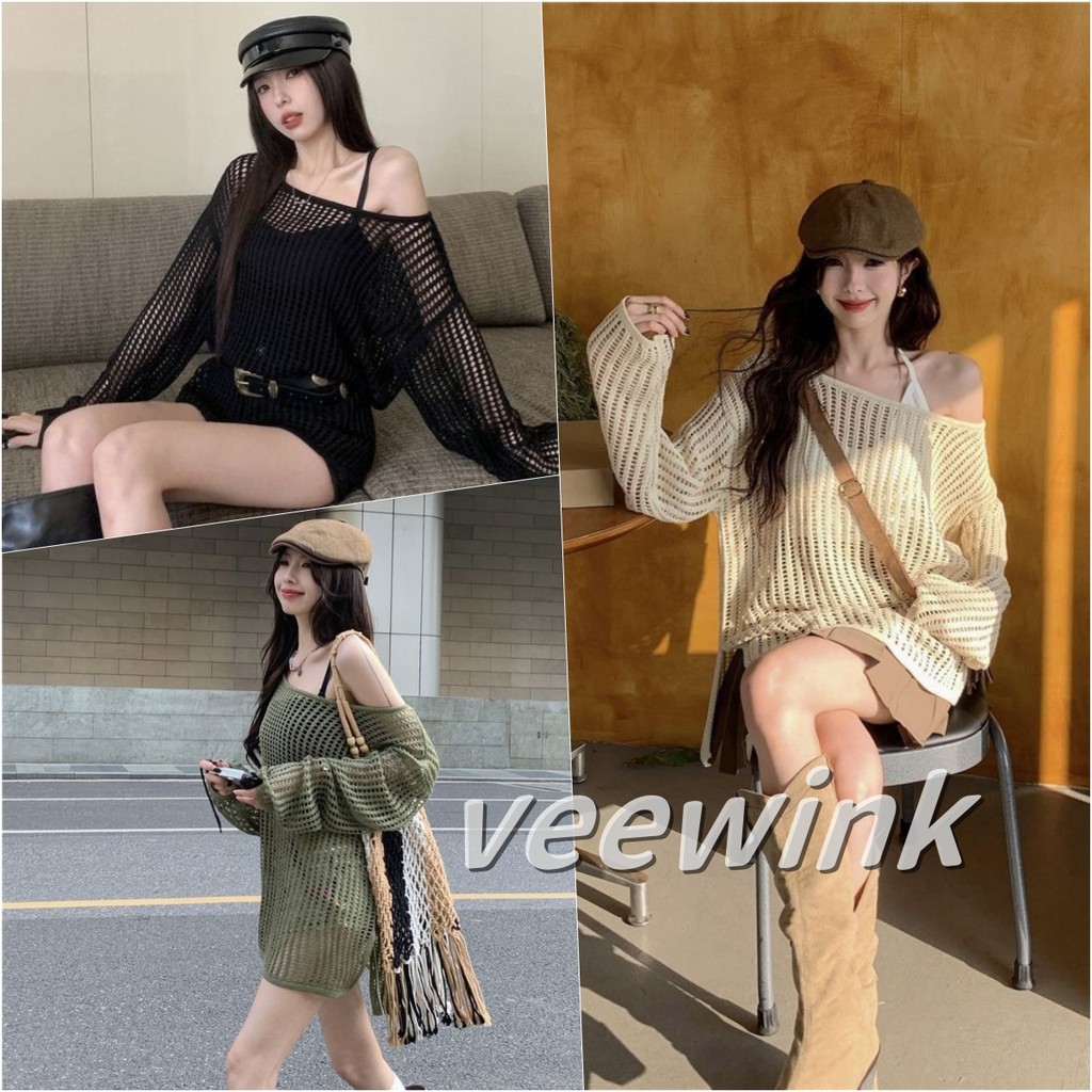 Veewink เสื้อถักนิตติ้งฉลุ ดีไซน์เปิดไหล่ เกาหลี ลุคหวาน สไตล์โอเวอร์ไซส์ สวมใส่สบาย ตัวนอกคาร์ดิแกนบางเบา