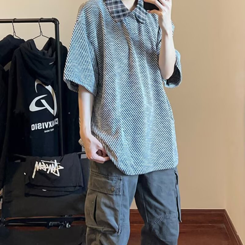 Old Money Style Lapel Retro เสื้อโปโลแขนสั้นผู้ชายฤดูร้อนหลวมสบายๆครึ่งแขนผู้ชาย