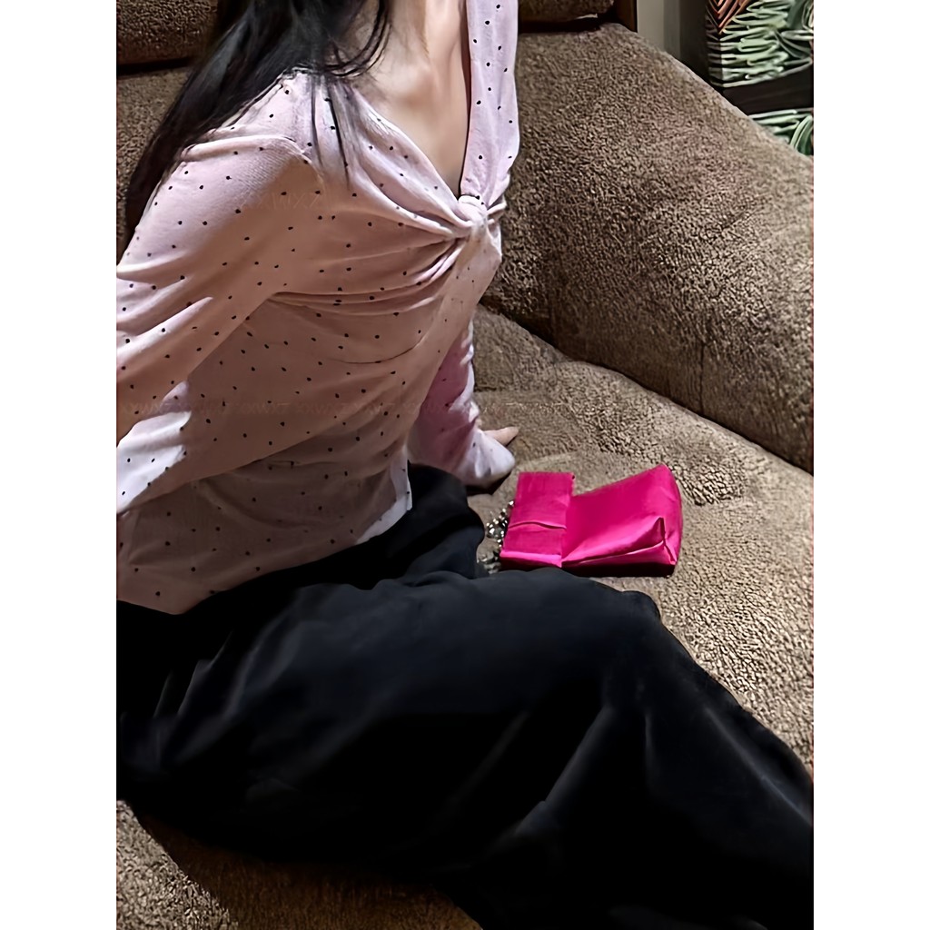 Jabber ขนาดใหญ่ผู้หญิงเกาหลีต้นฤดูใบไม้ผลิใหม่ไขมัน mmV คอ Kink Polar Dot พิมพ์ Slim ฐานแขนยาว T Shi