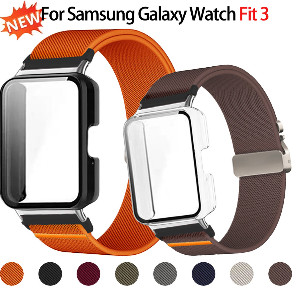 กรณี PC + กระจกนิรภัย + ไนลอนสําหรับ Samsung Galaxy นาฬิกา Fit 3 ร่มชูชีพหัวเข็มขัดสายกีฬาฝาครอบกันช