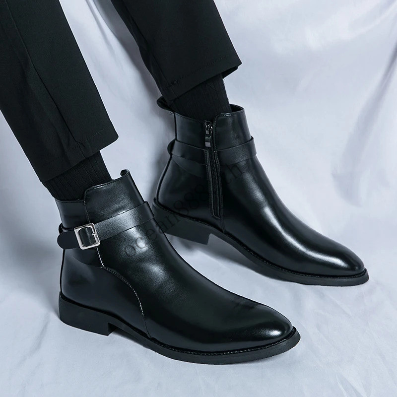 Brand Side Zipper Men's Boots Business High Top Leather Shoes Motorcycle Boots Ankle Boots Men's Cas