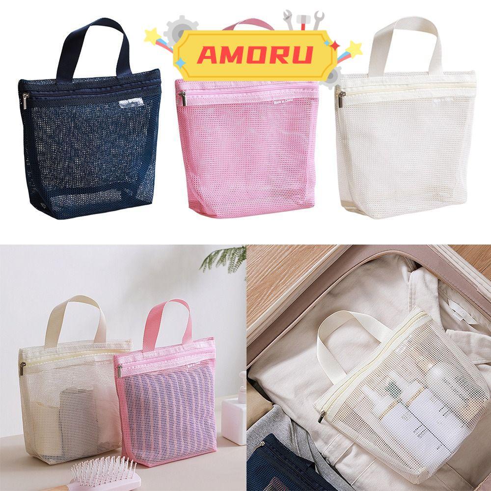 AMOR12U7 Storage Hadbag, Portable Reuse Mesh Toiletry Bag, กระเป๋าเครื่องสําอางแบบใสความจุขนาดใหญ่